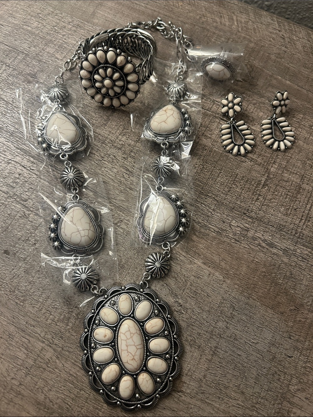Silver-Tone White Stone Statement Necklace & Earring Set Costume Jewelry
